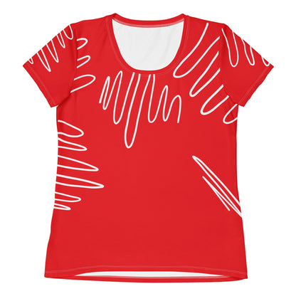 Good Wishes 365 women's red athletic t-shirt with a white abstract line print, made from moisture-wicking fabric.
