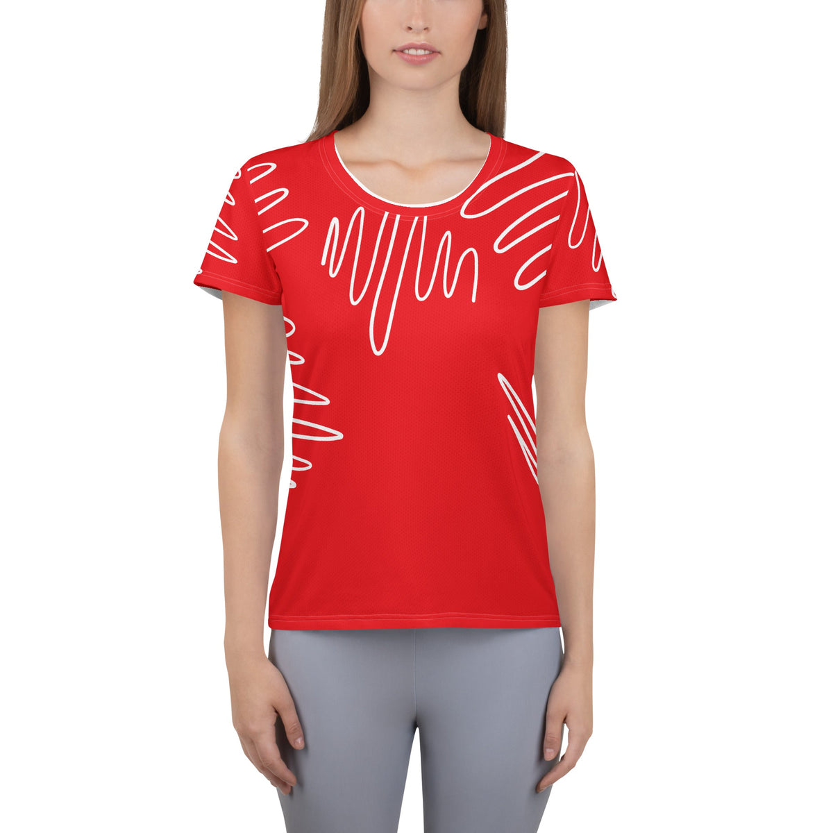 Good Wishes 365 women's red alizarin athletic t-shirt with white abstract line print and moisture-wicking fabric.