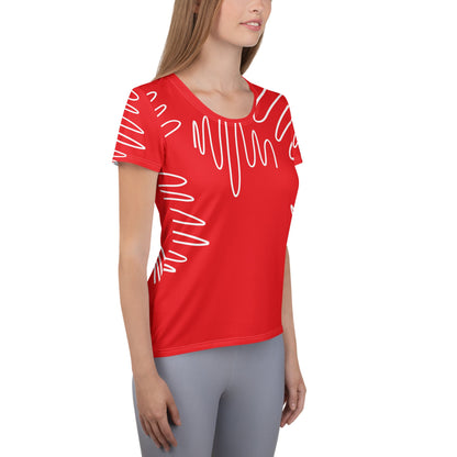 Good Wishes 365 women's red alizarin athletic t-shirt with white abstract line print, worn by a model.