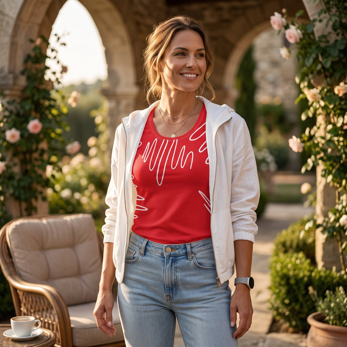 Good Wishes 365 women's red alizarin athletic t-shirt with white abstract lines, worn under a white zip-up jacket.