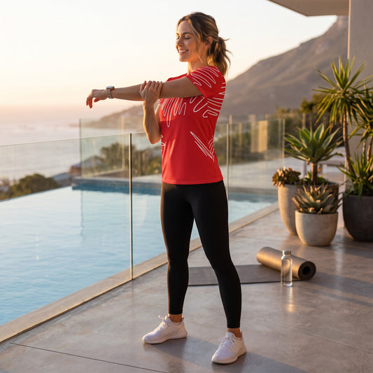 Good Wishes 365 women's red alizarin athletic t-shirt with white abstract lines, worn by a woman stretching on a patio.