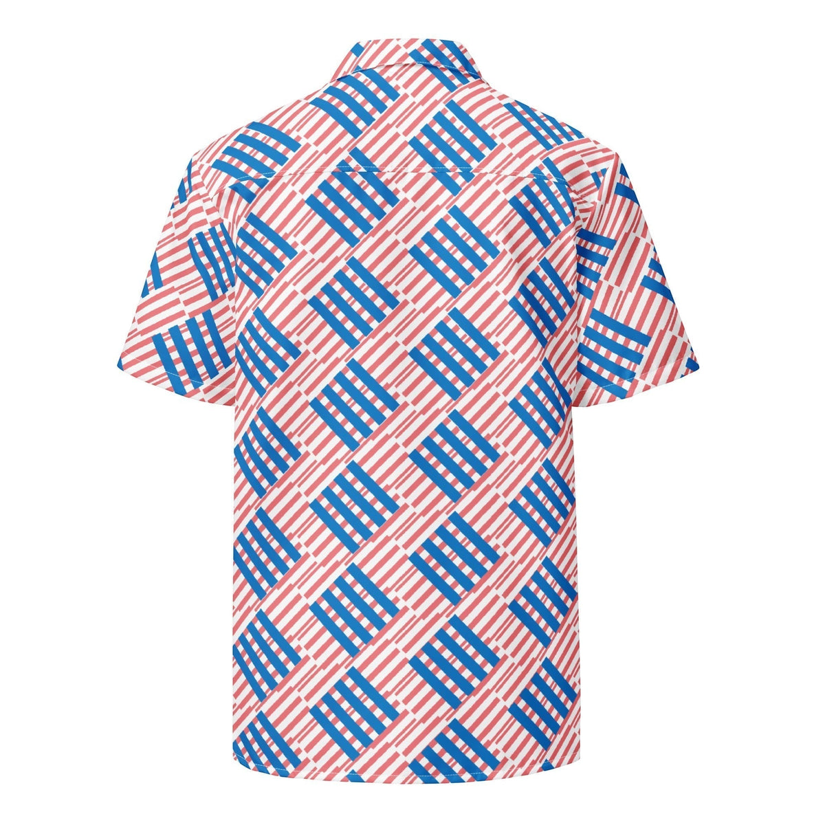 Good Wishes 365 oversized short sleeve button shirt featuring a red and blue striped love pattern on white fabric.