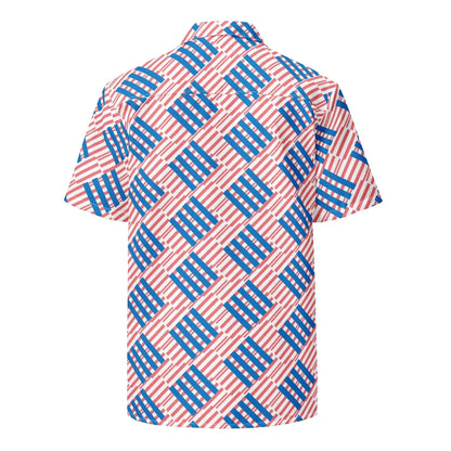 Good Wishes 365 oversized short sleeve button shirt featuring a red and blue striped love pattern on white fabric.