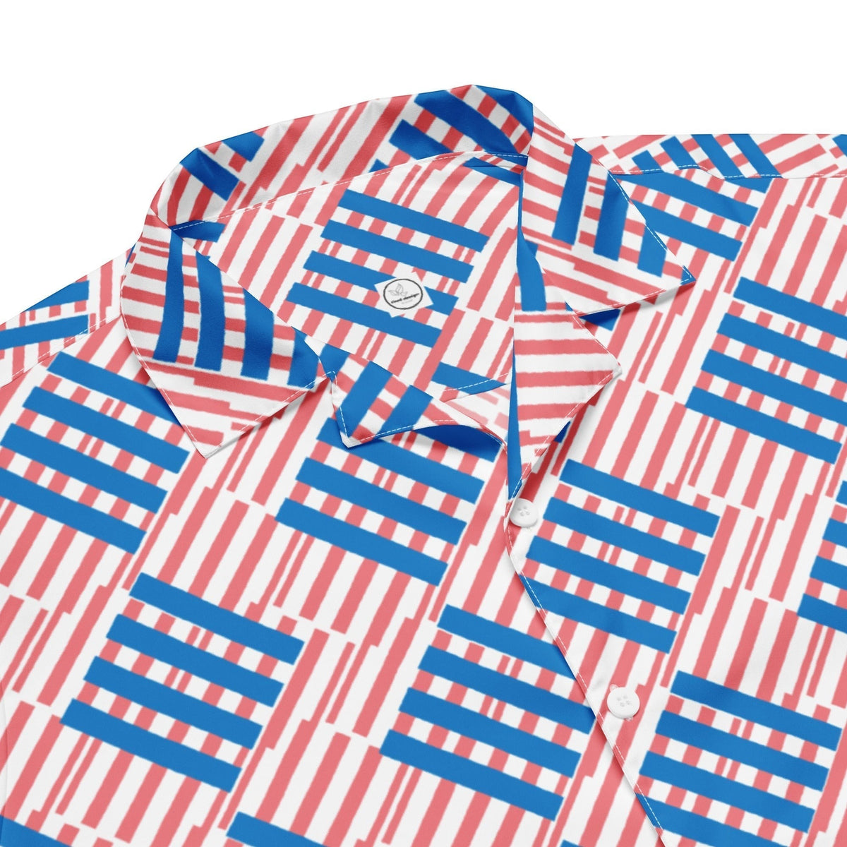Good Wishes 365 men's short sleeve button shirt with a red and blue geometric love pattern in breathable fabric
