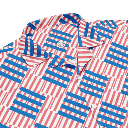 Good Wishes 365 men's short sleeve button shirt with a red and blue geometric love pattern in breathable fabric
