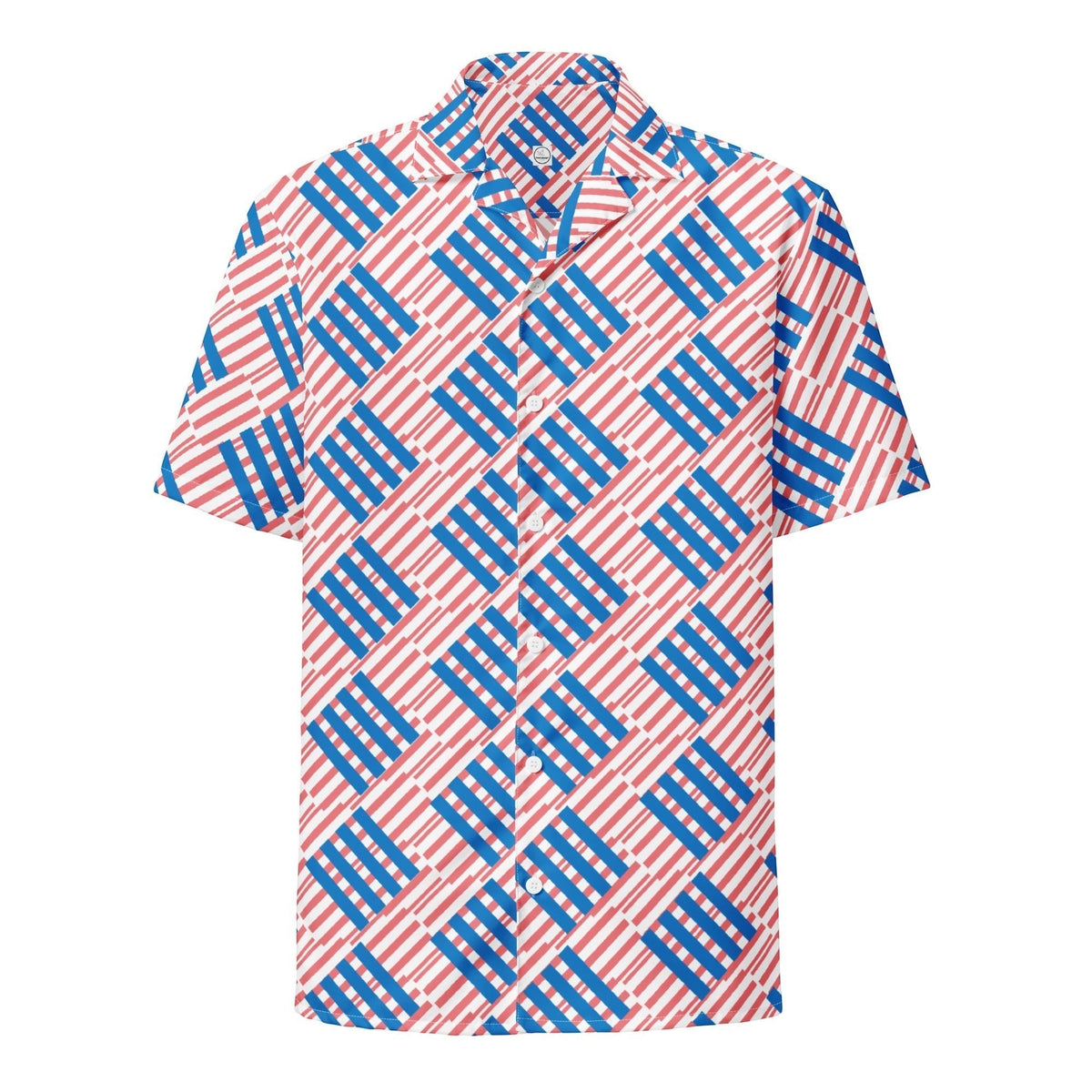 Good Wishes 365 men's oversized short-sleeve button shirt with a red and blue geometric love pattern in moisture-wicking fabric.