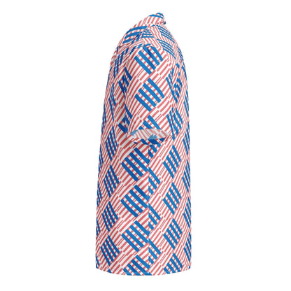 Good Wishes 365 men's oversized short sleeve button shirt in red and blue geometric love pattern, side view