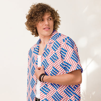 Good Wishes 365 men's oversized short-sleeve button shirt with a red and blue geometric love pattern on white fabric.