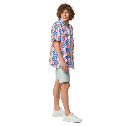 Good Wishes 365 men's oversized short sleeve button shirt with red and blue love pattern, worn by a curly-haired man.