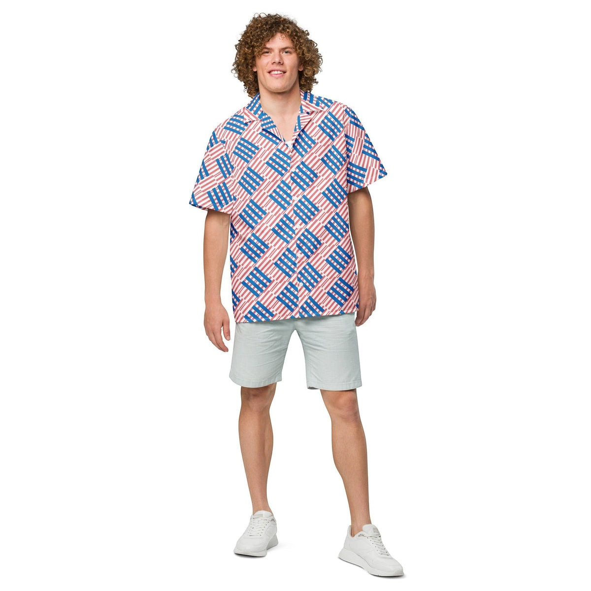 Good Wishes 365 men's oversized short-sleeve button shirt with red and blue love pattern, worn by a curly-haired model.