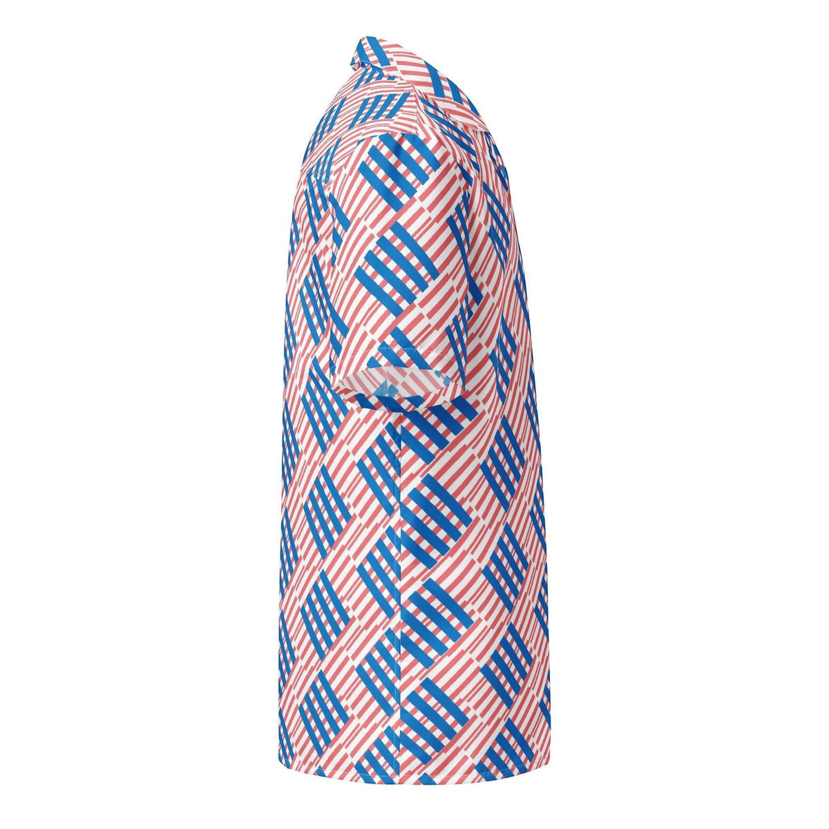 Good Wishes 365 men's oversized short-sleeve button shirt in red and blue geometric love pattern, side view