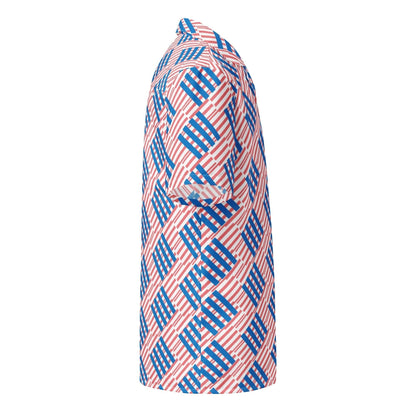 Good Wishes 365 men's oversized short-sleeve button shirt in red and blue geometric love pattern, side view