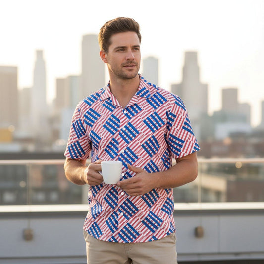 Good Wishes 365 Men's red and blue striped short sleeve button-up shirt with oversized fit. Made from recycled polyester.