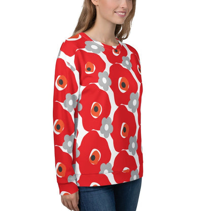 Good Wishes 365 unisex recycled sweatshirt featuring a bold red and gray floral graphic print with a crew neckline.