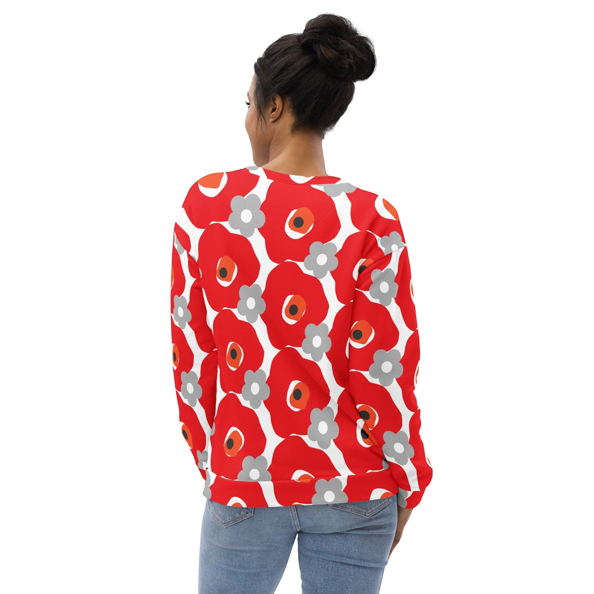 Good Wishes 365 unisex recycled sweatshirt with red and gray floral print, back view on a woman with a bun hairstyle