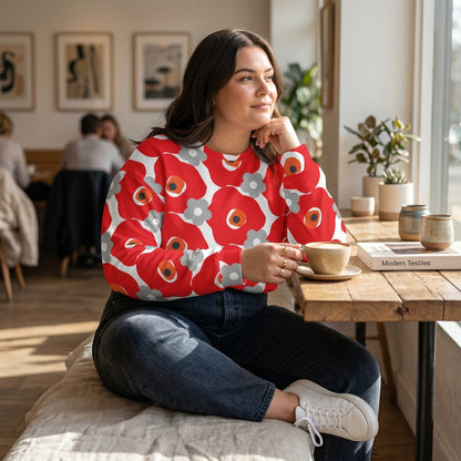 Good Wishes 365 unisex sweatshirt with red and gray floral print, worn by a woman sitting in a cozy cafe.