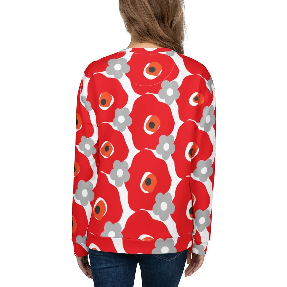 Good Wishes 365 unisex sweatshirt featuring a red and gray floral graphic print on recycled fabric, back view