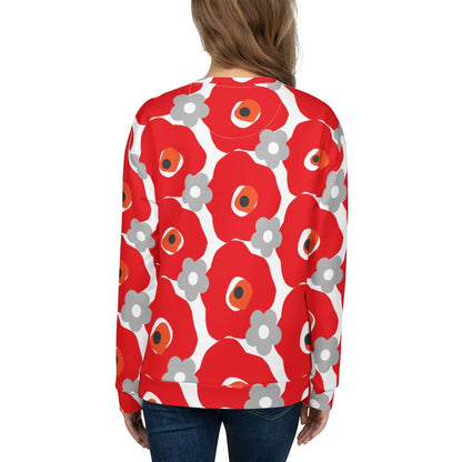 Good Wishes 365 unisex sweatshirt featuring a red and gray floral graphic print on recycled fabric, back view