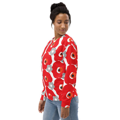 Good Wishes 365 unisex sweatshirt featuring a bold red and gray floral graphic print on recycled fabric
