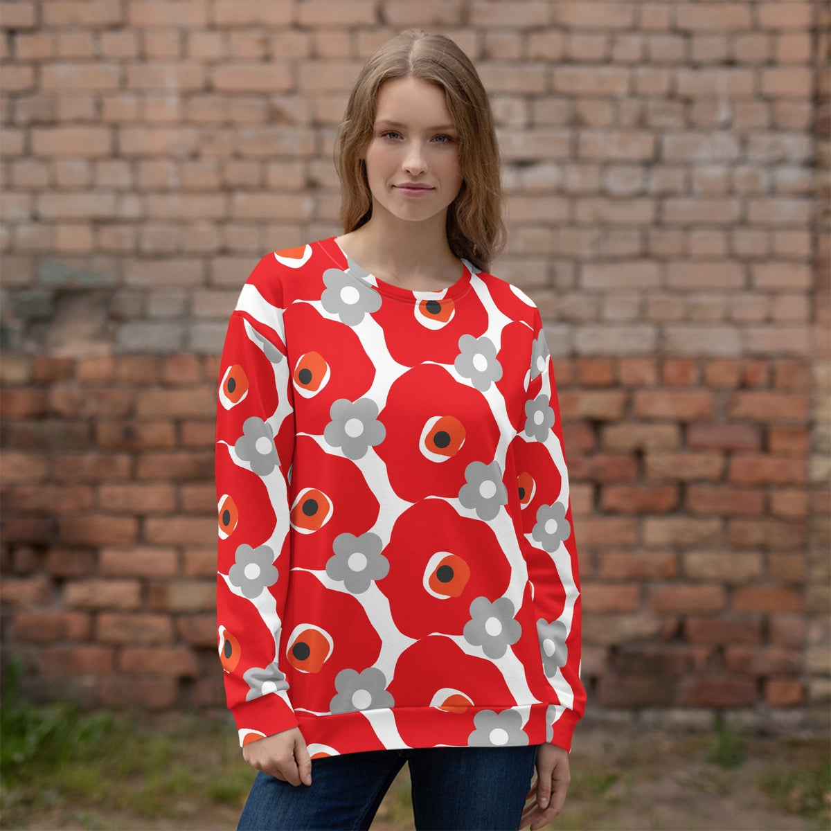 Good Wishes 365 unisex sweatshirt featuring a bold red and gray floral graphic print on recycled fabric