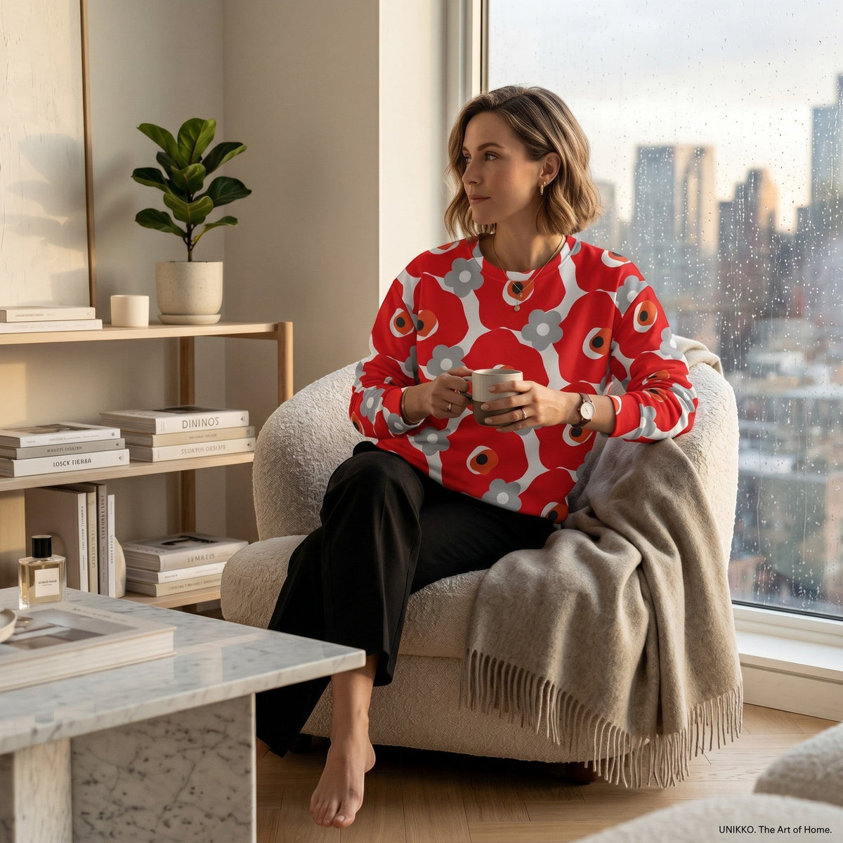 Good Wishes 365 unisex sweatshirt with red and gray floral print, worn by a woman sitting in a cozy armchair.