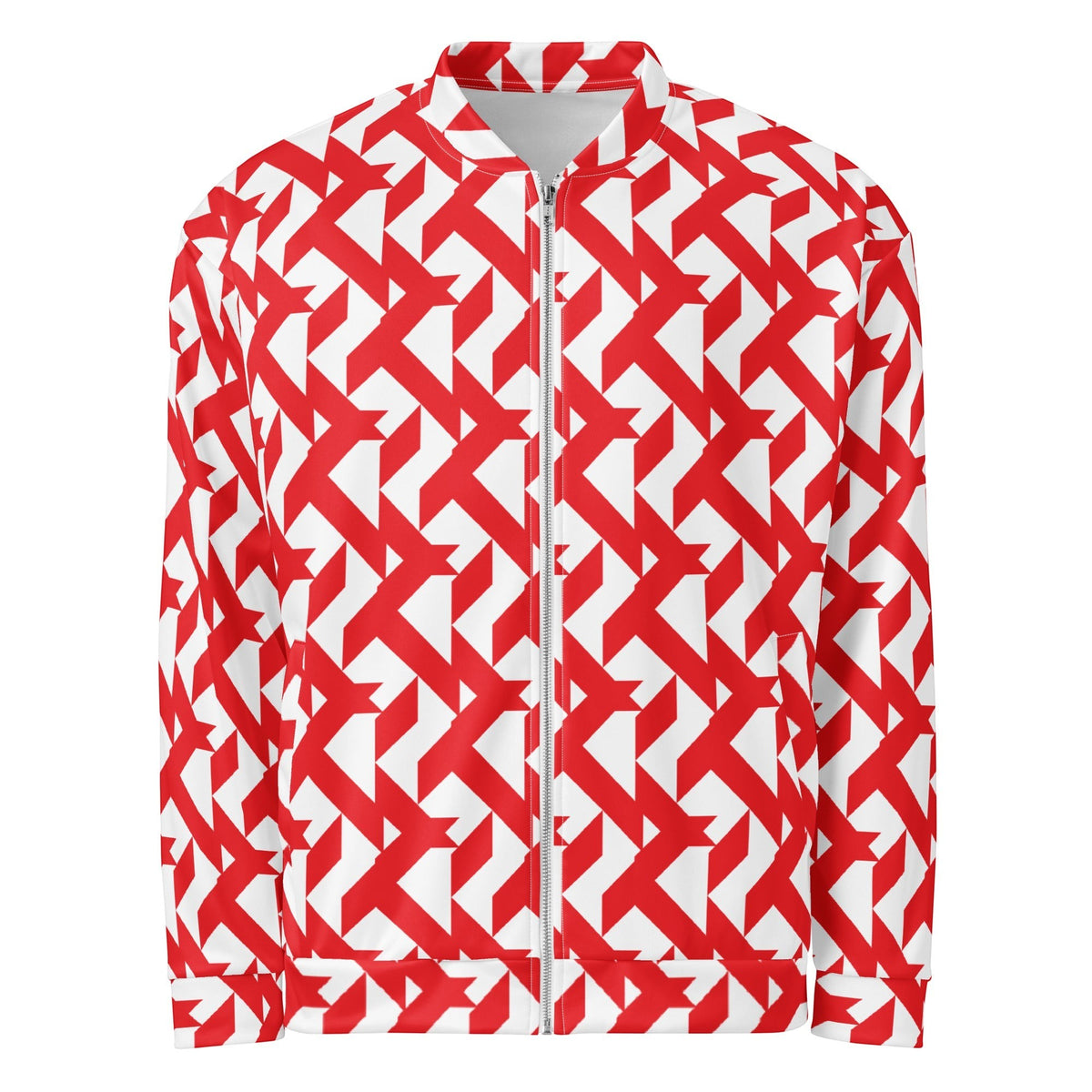 Good Wishes 365 unisex bomber jacket featuring a bold red and white geometric maze all-over print with a front zipper.