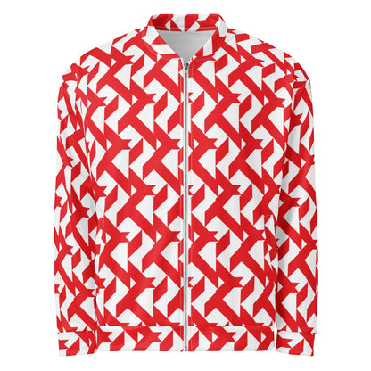 Good Wishes 365 unisex bomber jacket featuring a bold red and white geometric maze all-over print with a front zipper.