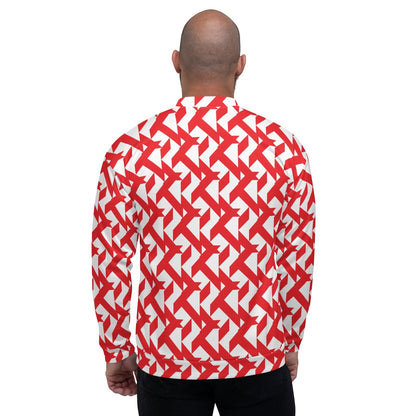 Back view of a Good Wishes 365 unisex bomber jacket featuring a bold red and white geometric maze pattern.