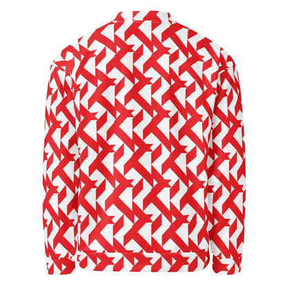 Good Wishes 365 unisex bomber jacket featuring a bold red and white geometric maze all-over print, back view.