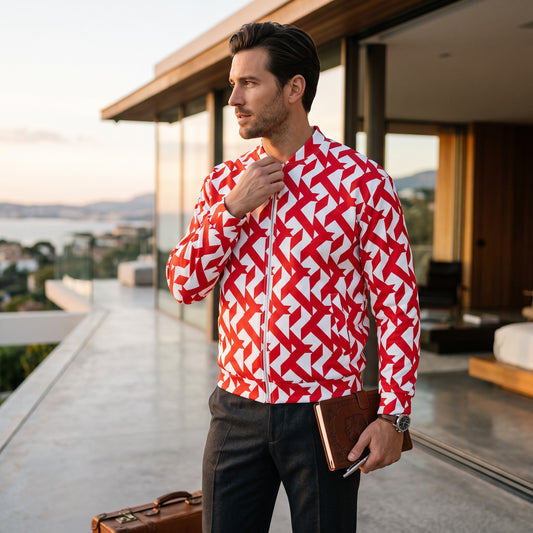 Good Wishes 365 unisex bomber jacket with red and white geometric maze print, worn by a man on a modern balcony.