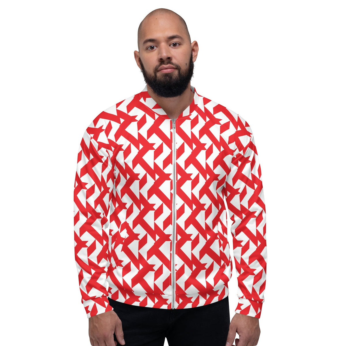 Good Wishes 365 unisex bomber jacket featuring a bold red and white geometric maze all-over print with a front zipper.