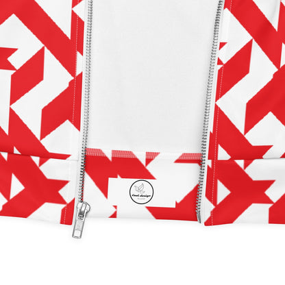 Good Wishes 365 red and white geometric maze print bomber jacket with a silver front zipper and white interior lining.
