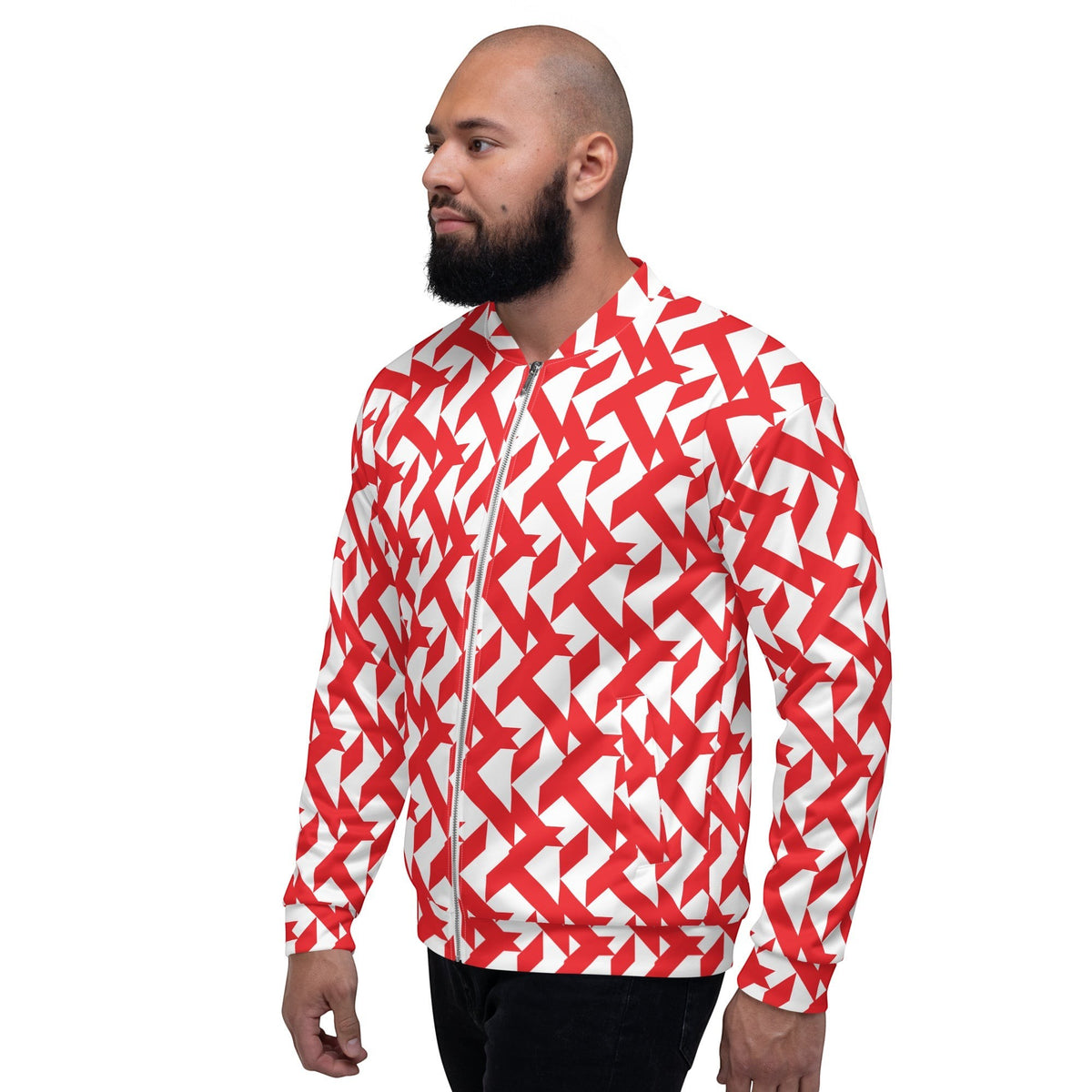 Good Wishes 365 unisex bomber jacket with a bold red and white geometric maze print worn by a bearded man