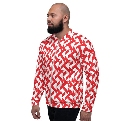 Good Wishes 365 unisex bomber jacket with a bold red and white geometric maze print worn by a bearded man
