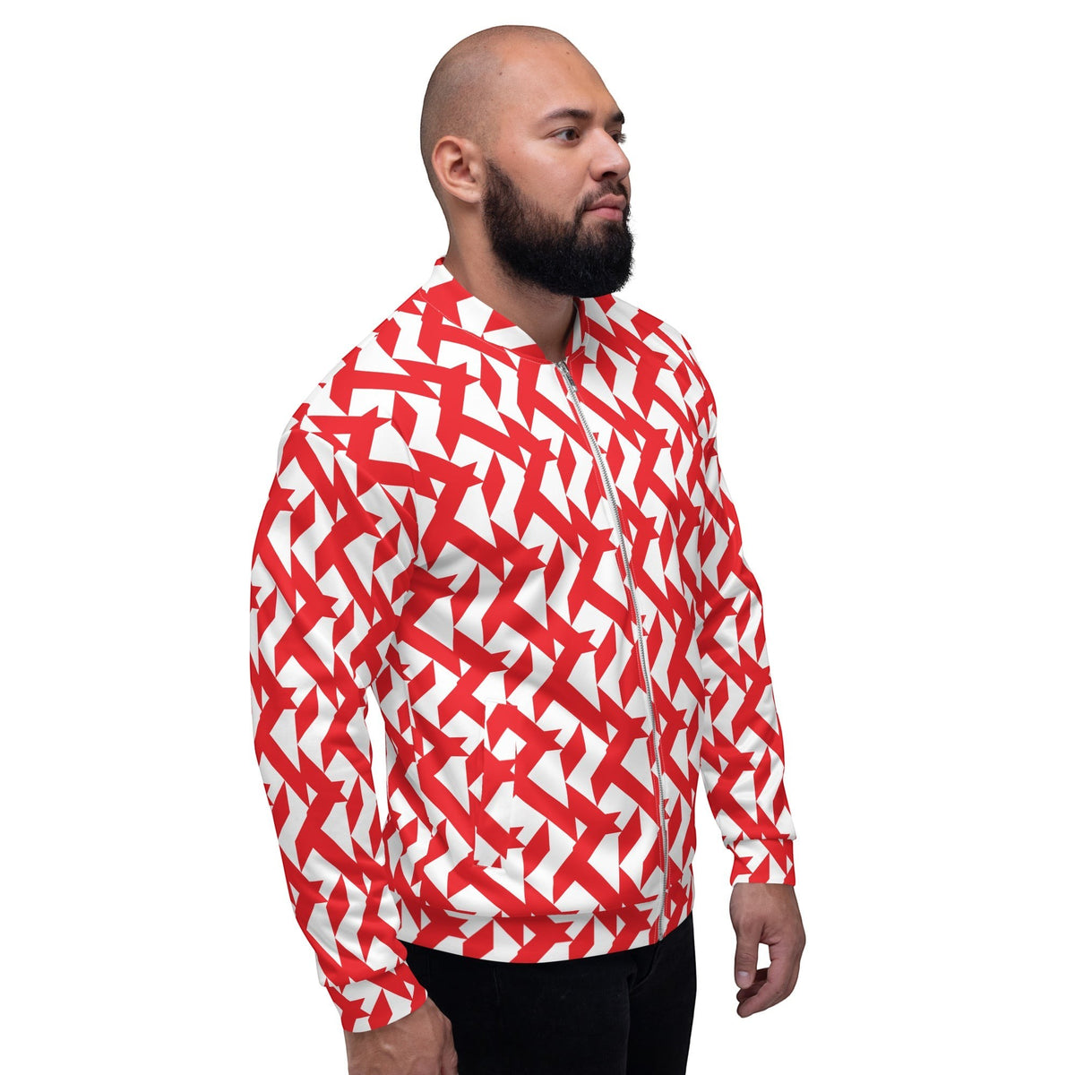 Good Wishes 365 unisex bomber jacket featuring a bold red and white geometric maze print on a model, side view