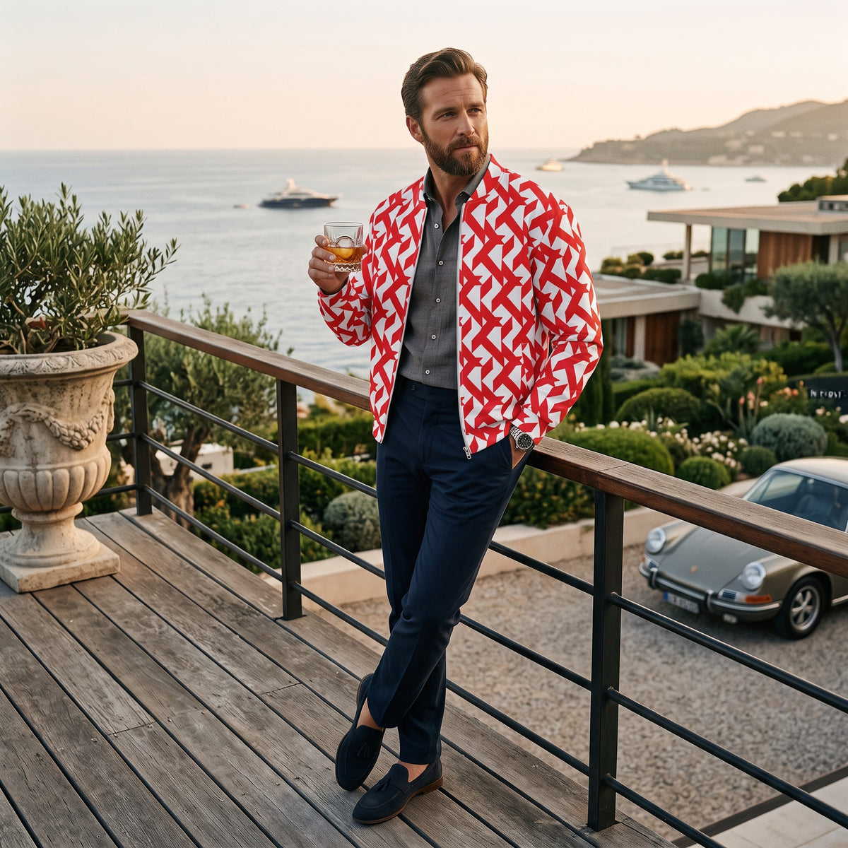 Good Wishes 365 red geometric maze print bomber jacket worn by a man on a balcony overlooking the sea at sunset.