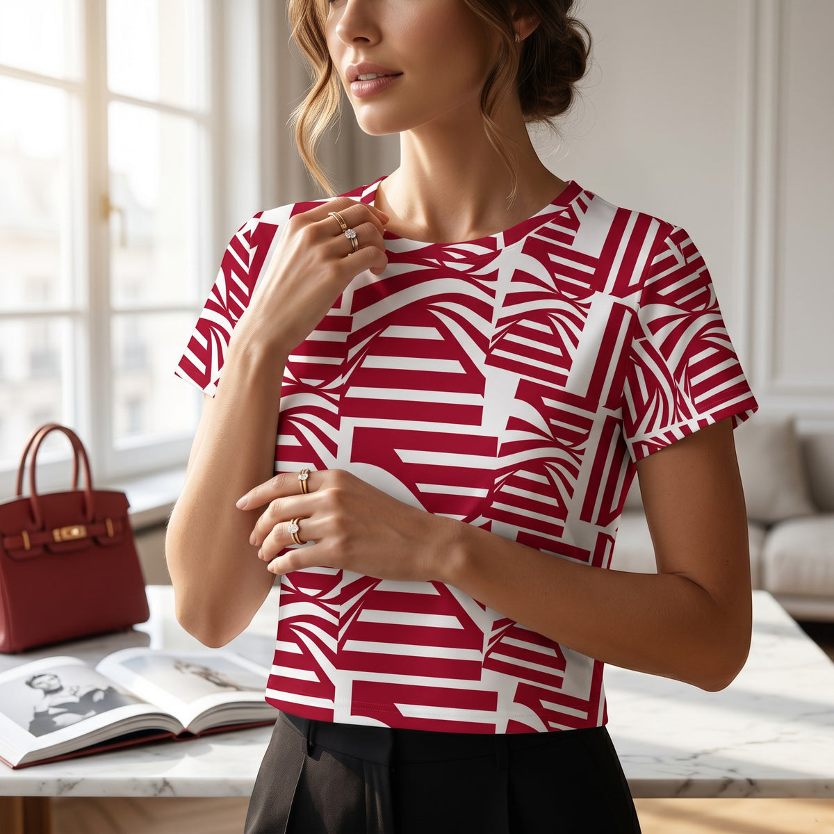 Good Wishes 365 women's crop tee featuring a bold red and white geometric rhythm print in premium stretch jersey.