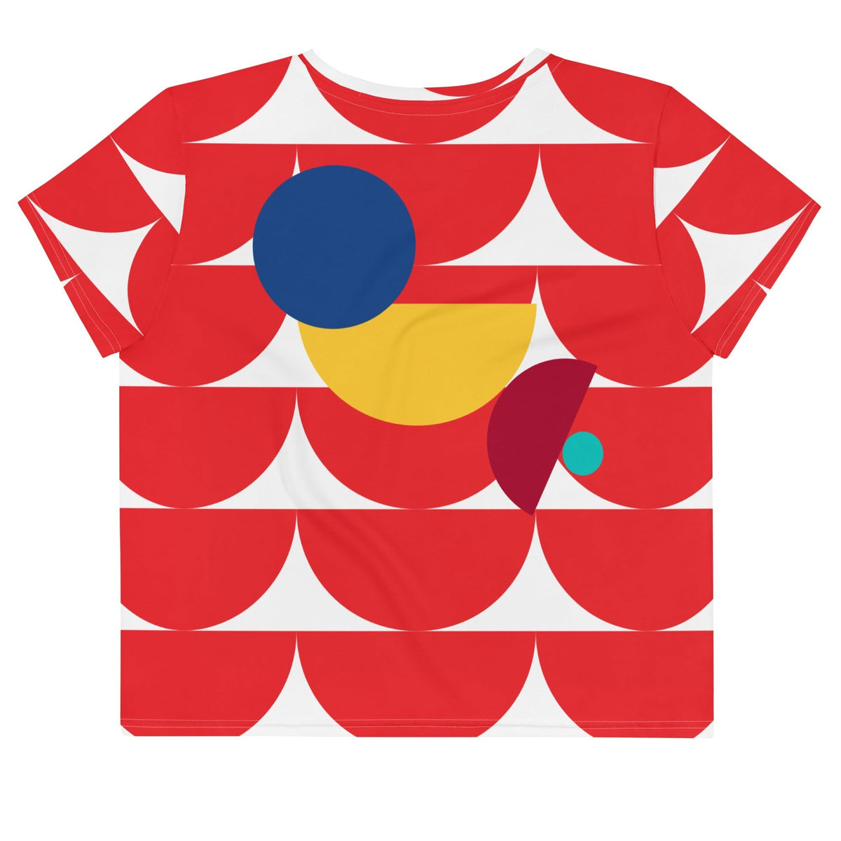 Good Wishes 365 red crop tee featuring a vibrant geometric mushroom graphic with blue, yellow, and teal accents.