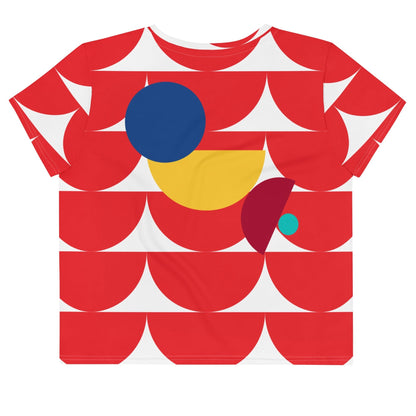 Good Wishes 365 red crop tee featuring a vibrant geometric mushroom graphic with blue, yellow, and teal accents.