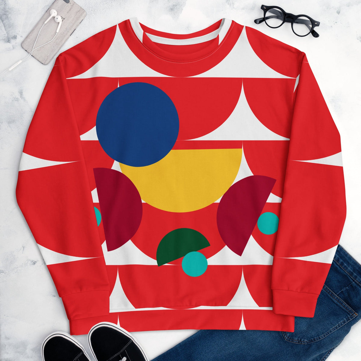 Good Wishes 365 red sweatshirt featuring an all-over geometric mushroom graphic print in blue, yellow, and burgundy.