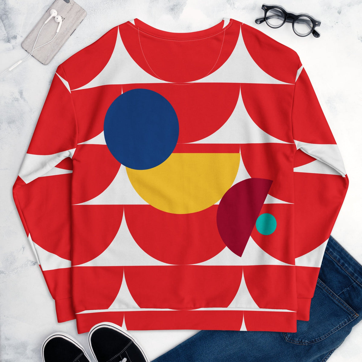 Good Wishes 365 red sweatshirt with an all-over geometric mushroom print in blue, yellow, and burgundy on a flat lay.