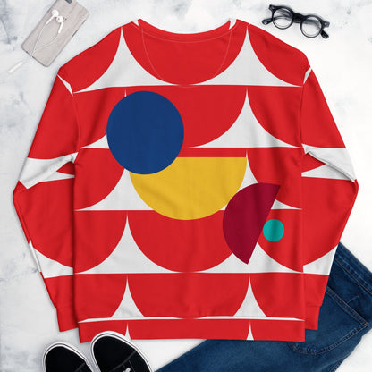 Good Wishes 365 red sweatshirt with an all-over geometric mushroom print in blue, yellow, and burgundy on a flat lay.