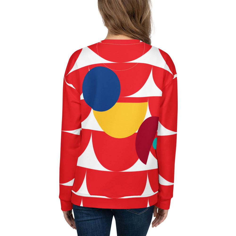 Good Wishes 365 red recycled sweatshirt with all-over geometric mushroom print on a woman, back view