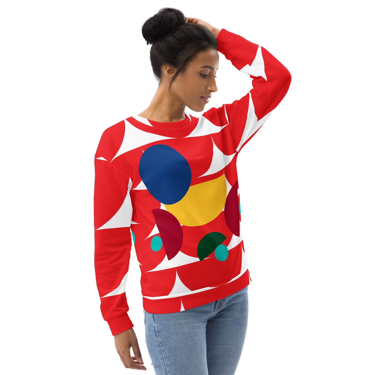 Good Wishes 365 red recycled sweatshirt with all-over geometric mushroom print worn by a woman with a hair bun