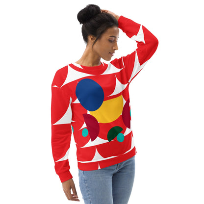Good Wishes 365 red recycled sweatshirt with all-over geometric mushroom print worn by a woman with a hair bun