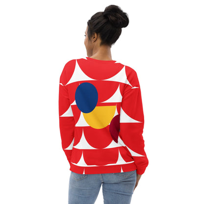 Good Wishes 365 red recycled sweatshirt with all-over geometric mushroom print worn by a woman, back view.