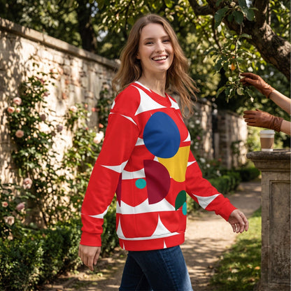 Good Wishes 365 red recycled sweatshirt with geometric mushroom print worn by a smiling woman in a garden setting