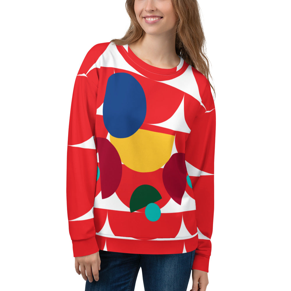 Good Wishes 365 red recycled sweatshirt featuring an all-over geometric mushroom graphic print on a woman