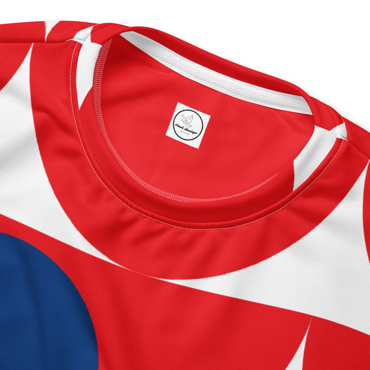 Good Wishes 365 red recycled sweatshirt featuring an all-over geometric mushroom print with blue and white accents