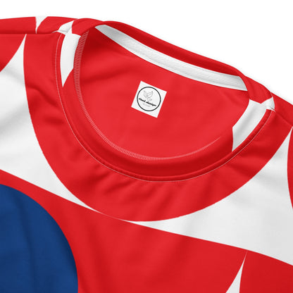 Good Wishes 365 red recycled sweatshirt featuring an all-over geometric mushroom print with blue and white accents